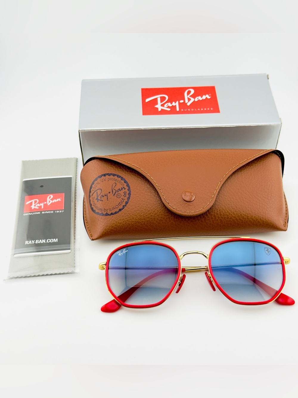 Ray-Ban Scuderia Ferrari Sunglasses RB3748M Gold Frame Light Blue Gradient Lens - Picture 15 of 15